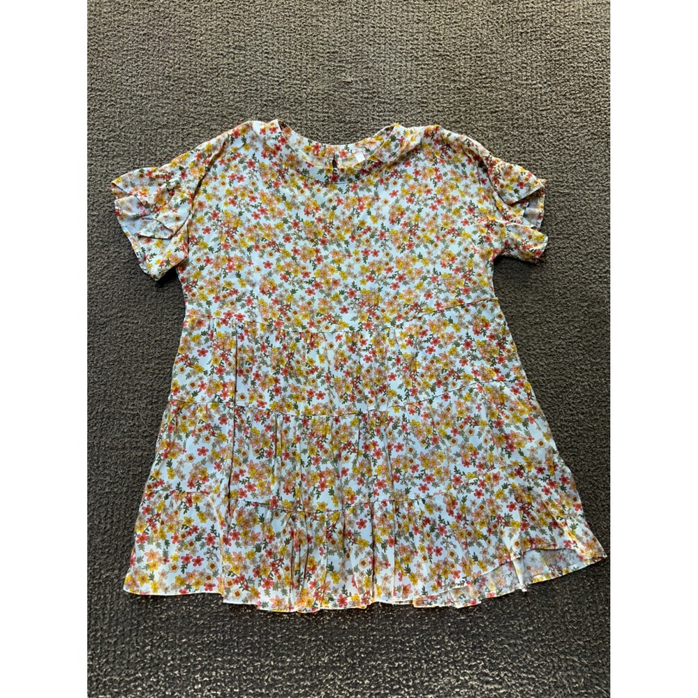 E.C. Women Floral Babydoll Tiered Top Short Flutter Sleeve Multicolor Size M